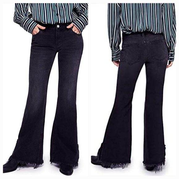 🆕️ We the Free People Vintage Flare Ruff frayed slit hem jeans Washed out black - Picture 3 of 15